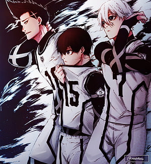 Blue Lock anime trio in white and black soccer uniforms with dynamic brushwork background HD phone wallpaper