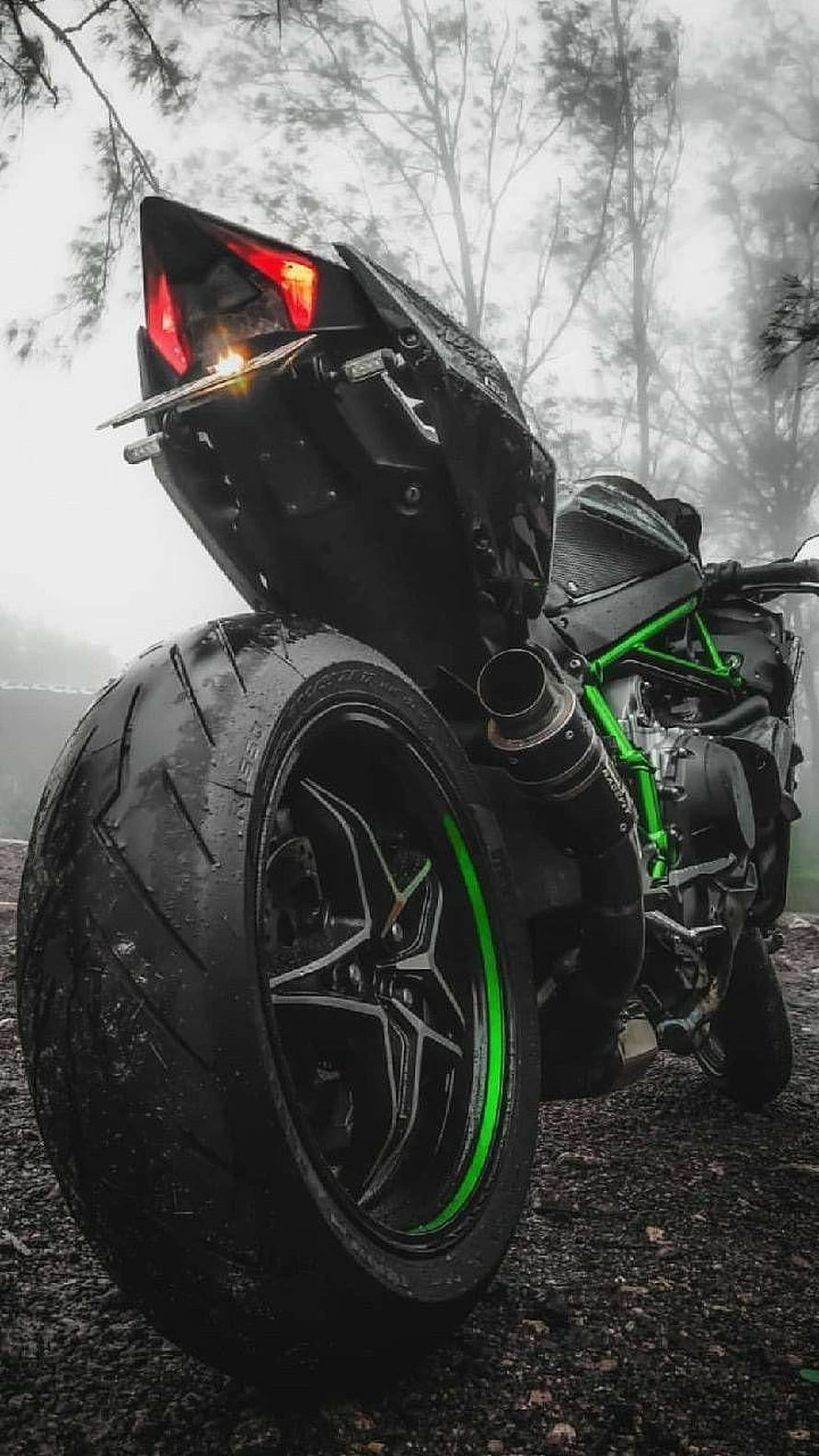 Kawasaki Ninja H2R Motorcycle in Foggy Forest with Green Accents HD phone wallpaper