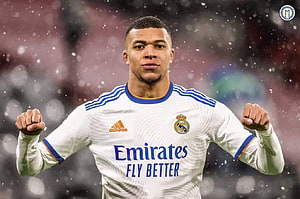Kylian Mbappe in Real Madrid Home Kit with Snowfall Background HD wallpaper