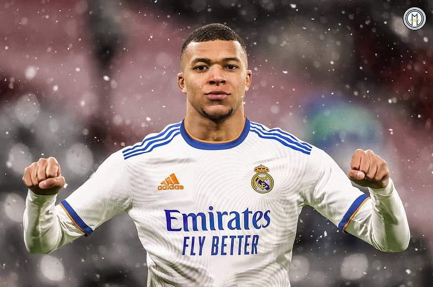 Kylian Mbappe in Real Madrid Home Kit with Snowfall Background HD wallpaper