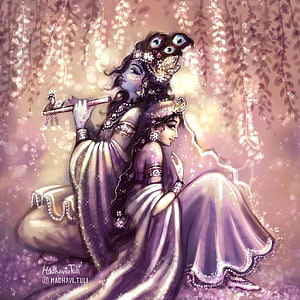 Radha and Krishna in a Romantic Embrace Under Blossoming Vines HD phone wallpaper