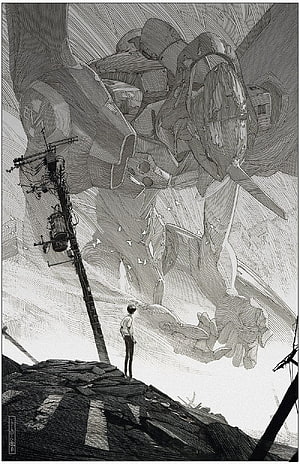 Neon Genesis Evangelion Manga Panel: Golgotha and Lone Figure on Ruined Rooftop HD phone wallpaper