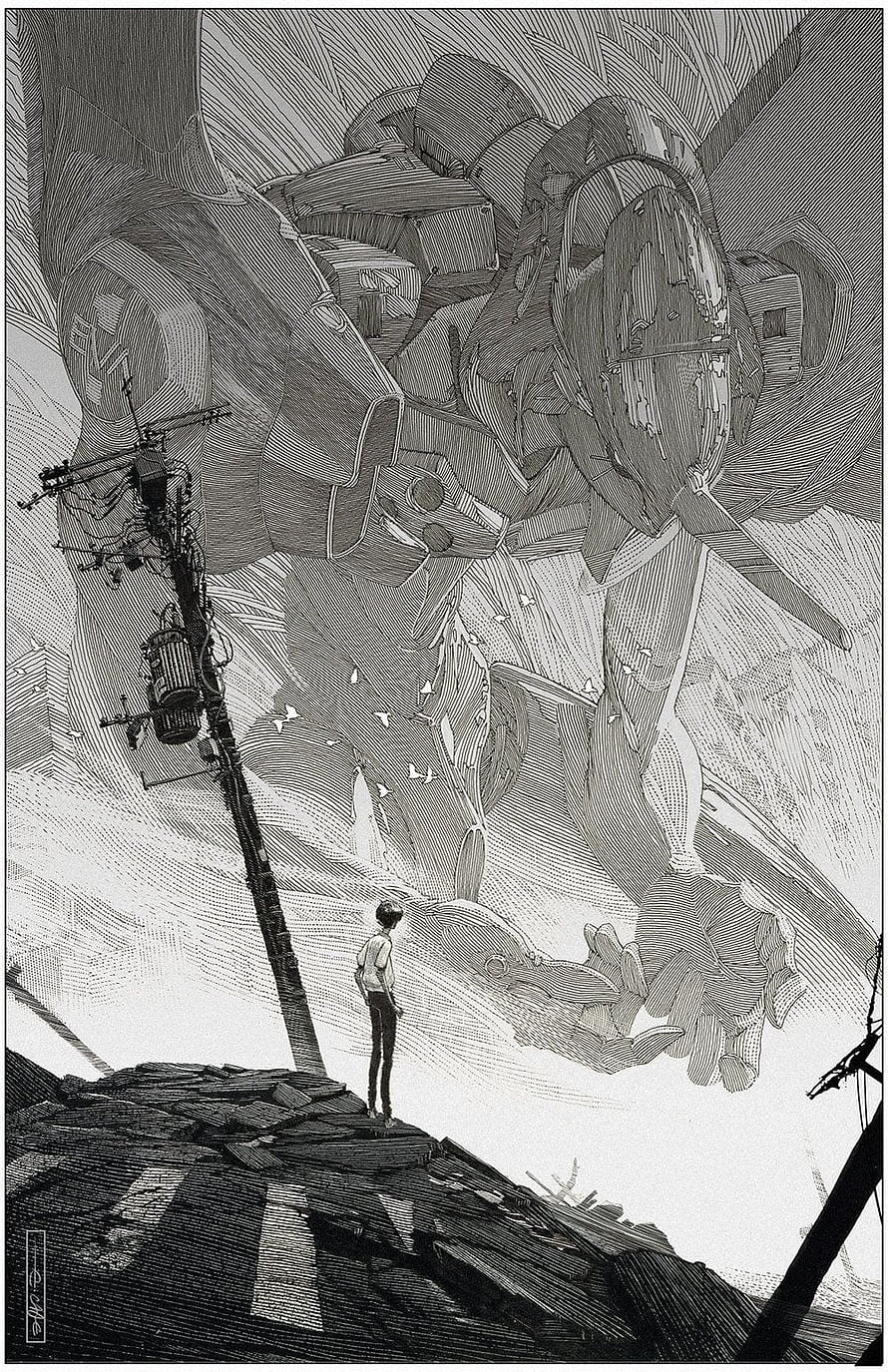 Neon Genesis Evangelion Manga Panel: Golgotha and Lone Figure on Ruined Rooftop HD phone wallpaper