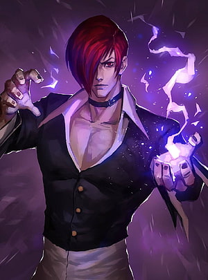 Iori Yagami KOF Character Artwork with Purple Energy and Red Hair HD phone wallpaper