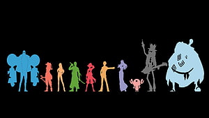 One Piece Character Silhouettes in Vibrant Colors on Black Background HD wallpaper