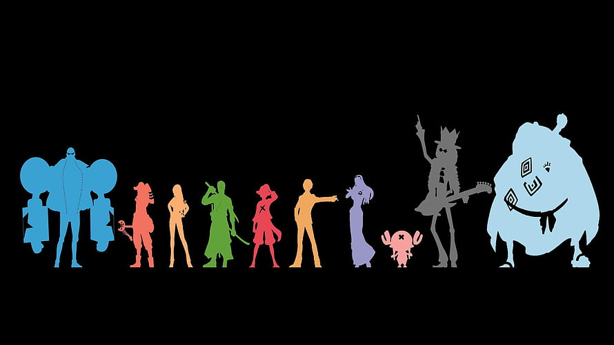 One Piece Character Silhouettes in Vibrant Colors on Black Background HD wallpaper