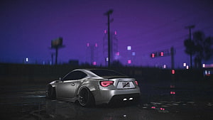 Silver JDM Coupe Parked on Wet Asphalt Under a Purple Night Sky HD wallpaper
