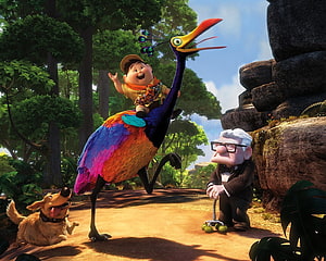 Russell and Kevin from Up in a vibrant jungle scene with Dug and Carl HD wallpaper