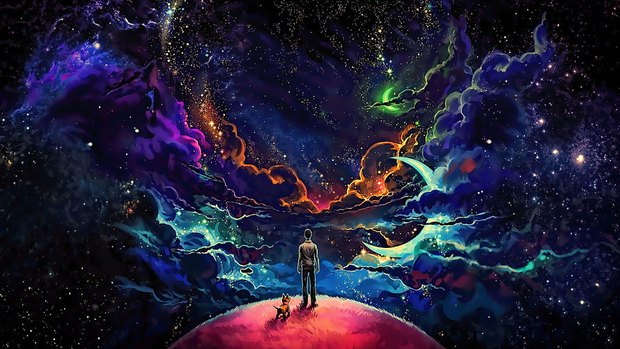 Man and Dog Standing on a Glowing Planet Under a Vibrant Cosmic Nebula Sky, Space Planet Man Dog, man in space HD wallpaper