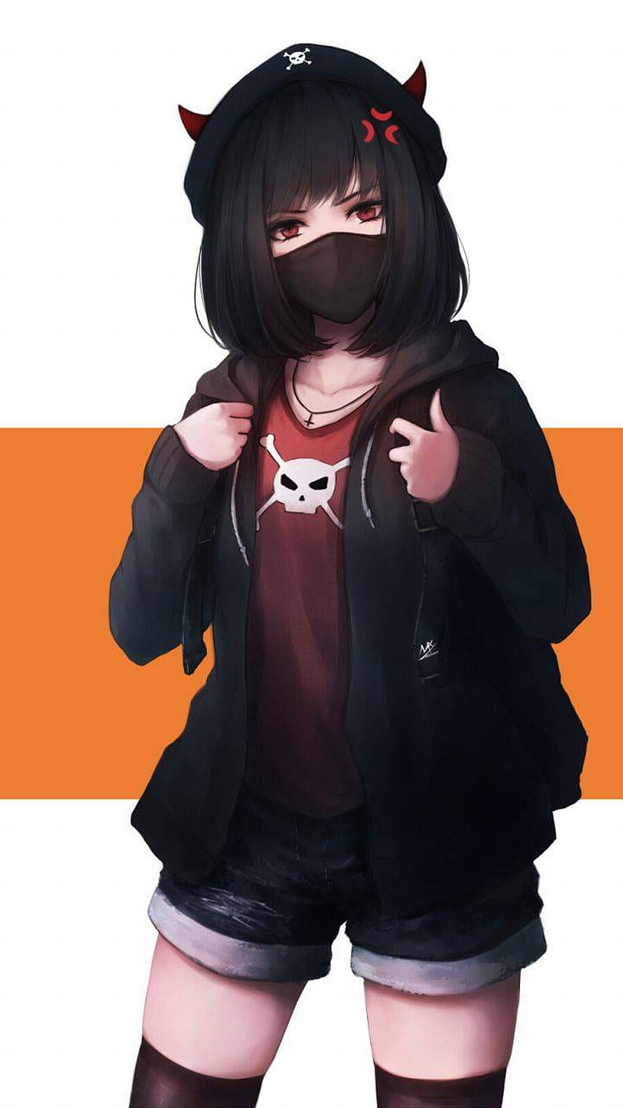 Anime Girl With Black Hair And Red Horns Wearing A Skull Hoodie And Mask HD phone wallpaper
