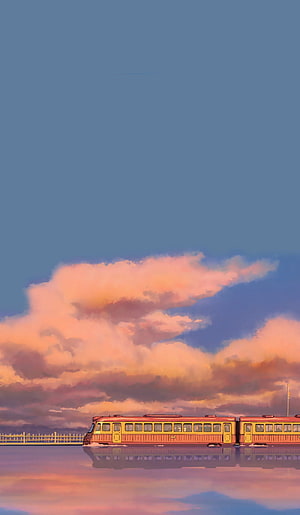 Vintage Orange Train on Water Under Pink Sunset Clouds Anime Style HD phone wallpaper