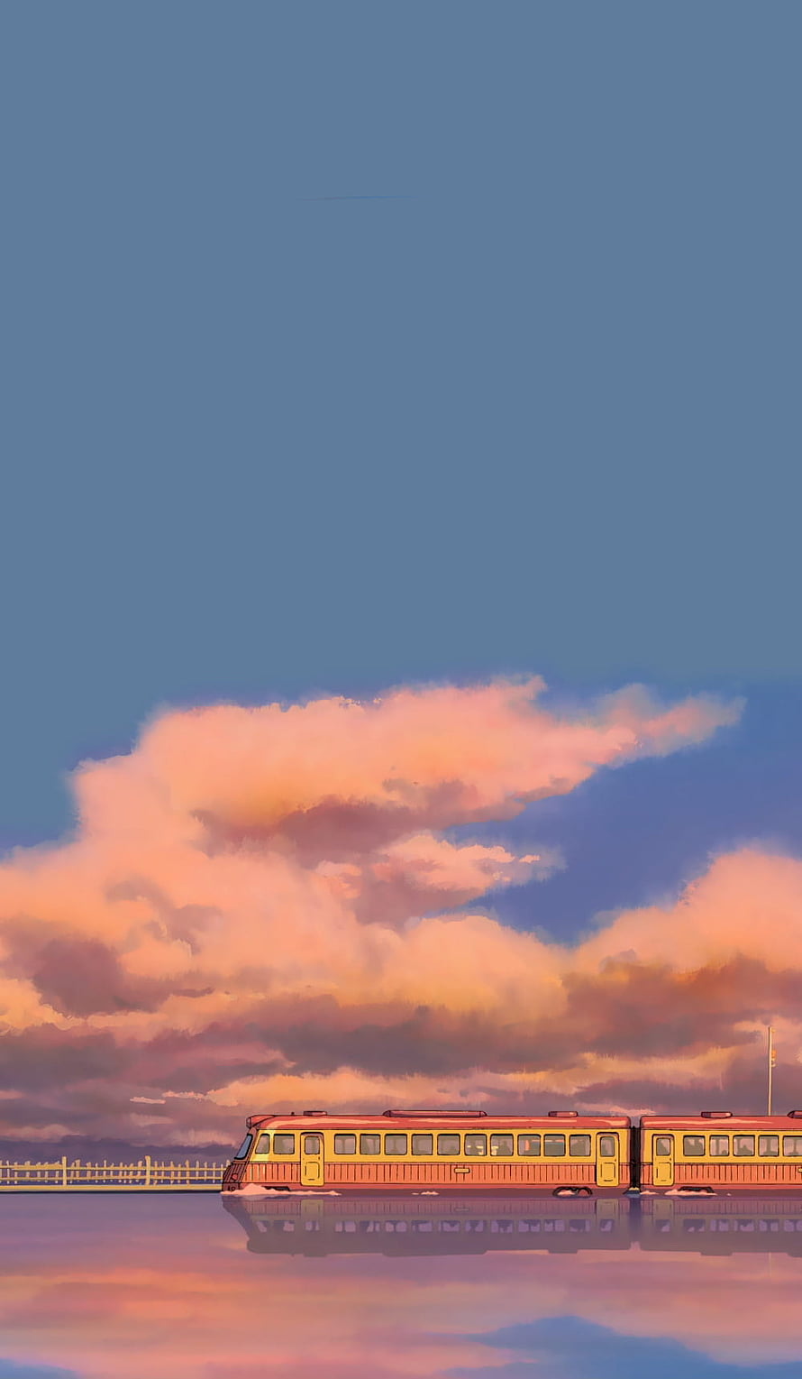 Vintage Orange Train on Water Under Pink Sunset Clouds Anime Style HD phone wallpaper