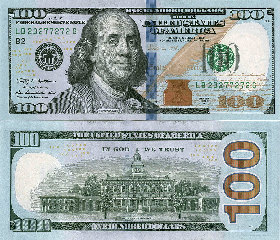 United States One Hundred Dollar Bill Featuring Benjamin Franklin and Independence Hall HD wallpaper