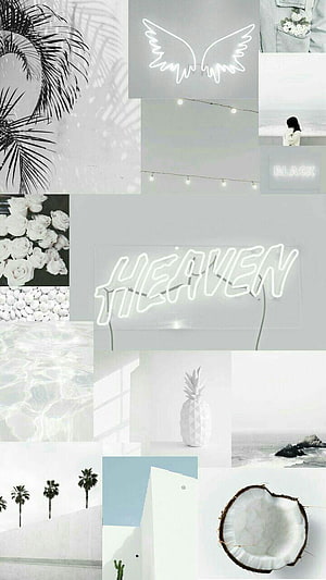 White Aesthetic Collage with Neon Sign, Tropical Leaves, and Minimalist Elements HD phone wallpaper