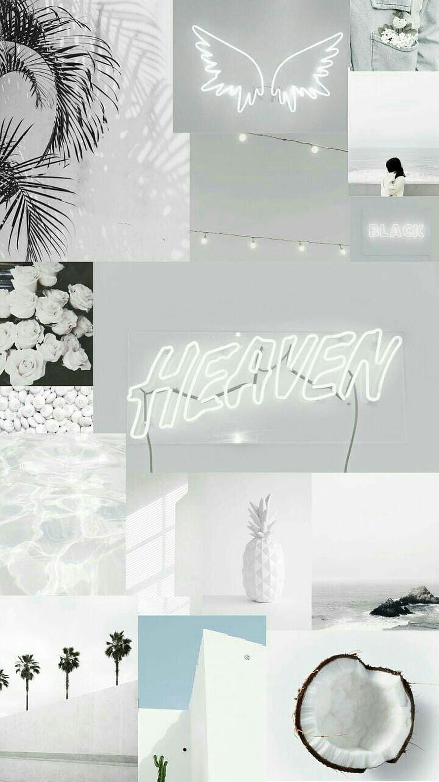 White Aesthetic Collage with Neon Sign, Tropical Leaves, and Minimalist Elements HD phone wallpaper