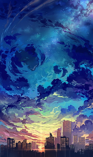 Anime Style Cityscape With Swirling Starry Night Sky And Sunset Horizon HD phone wallpaper