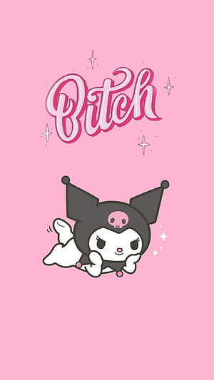 Cute Kuromi Character on Pink Background with Sparkles and Stylized Text HD phone wallpaper