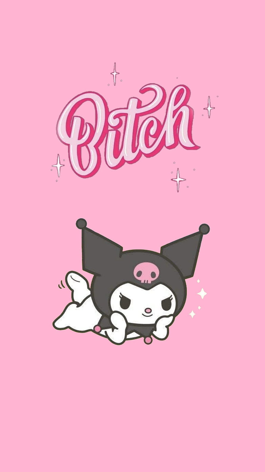 Cute Kuromi Character on Pink Background with Sparkles and Stylized Text HD phone wallpaper