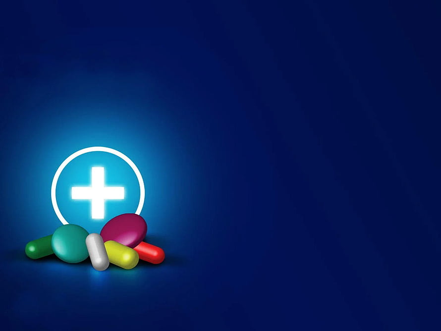 Glowing Medical Cross Icon with Colorful Pills and Capsules on Deep Blue Background HD wallpaper