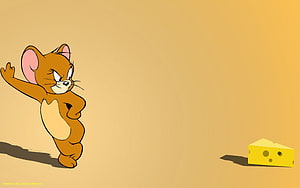 Jerry the Mouse Reaching for a Cheese Wedge on a Warm Yellow Background HD wallpaper