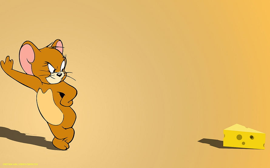 Jerry the Mouse Reaching for a Cheese Wedge on a Warm Yellow Background HD wallpaper