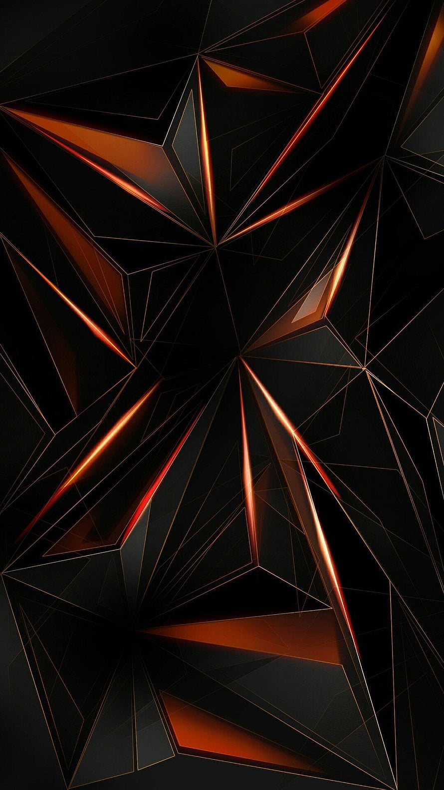Dark Geometric Abstract Pattern with Glowing Orange and Red Faceted Lines HD phone wallpaper
