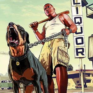 GTA V Franklin and Chop Rottweiler Illustration with Baseball Bat and Chain HD phone wallpaper