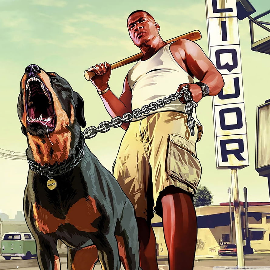 GTA V Franklin and Chop Rottweiler Illustration with Baseball Bat and Chain HD phone wallpaper