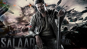 Prabhas as Salaar in gritty war movie poster with tanks and explosions HD wallpaper