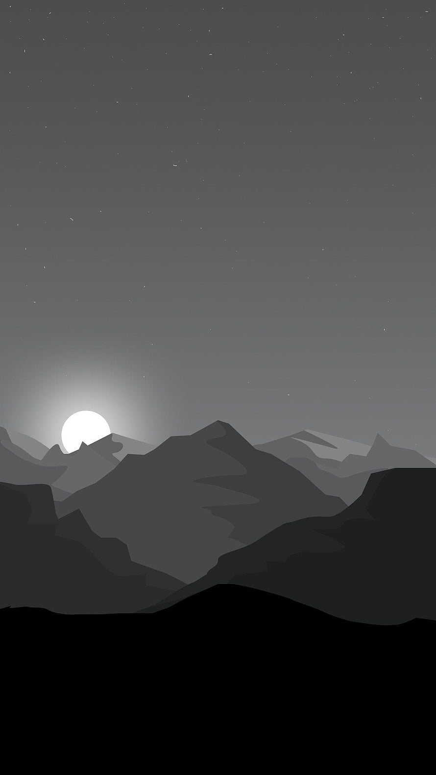 Minimalist Grayscale Mountain Landscape With Moon And Stars HD phone wallpaper