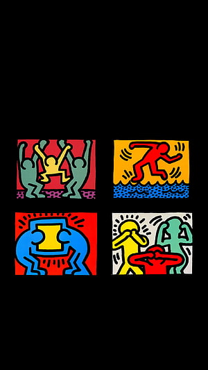 Keith Haring Pop Art Four Panel Illustration with Vibrant Figures on Black Background HD phone wallpaper
