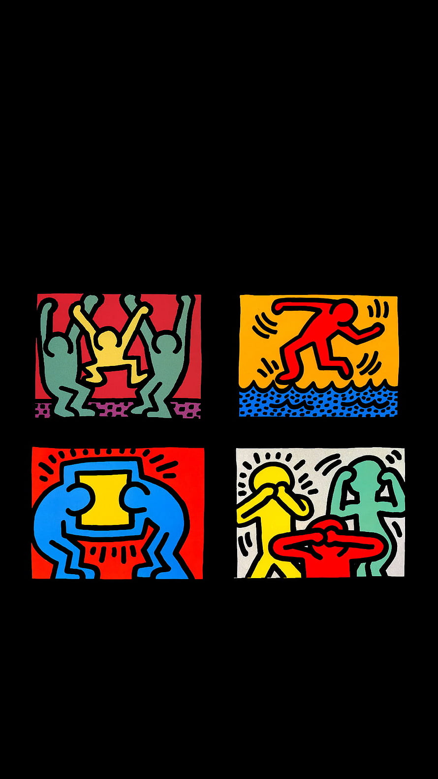 Keith Haring Pop Art Four Panel Illustration with Vibrant Figures on Black Background HD phone wallpaper