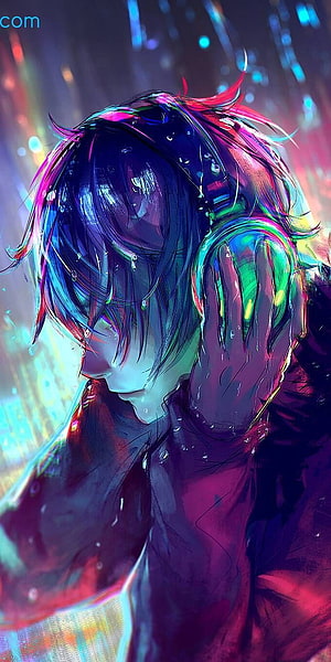 Emotional Anime Character in Neon Rain with Vibrant Iridescent Hair HD phone wallpaper