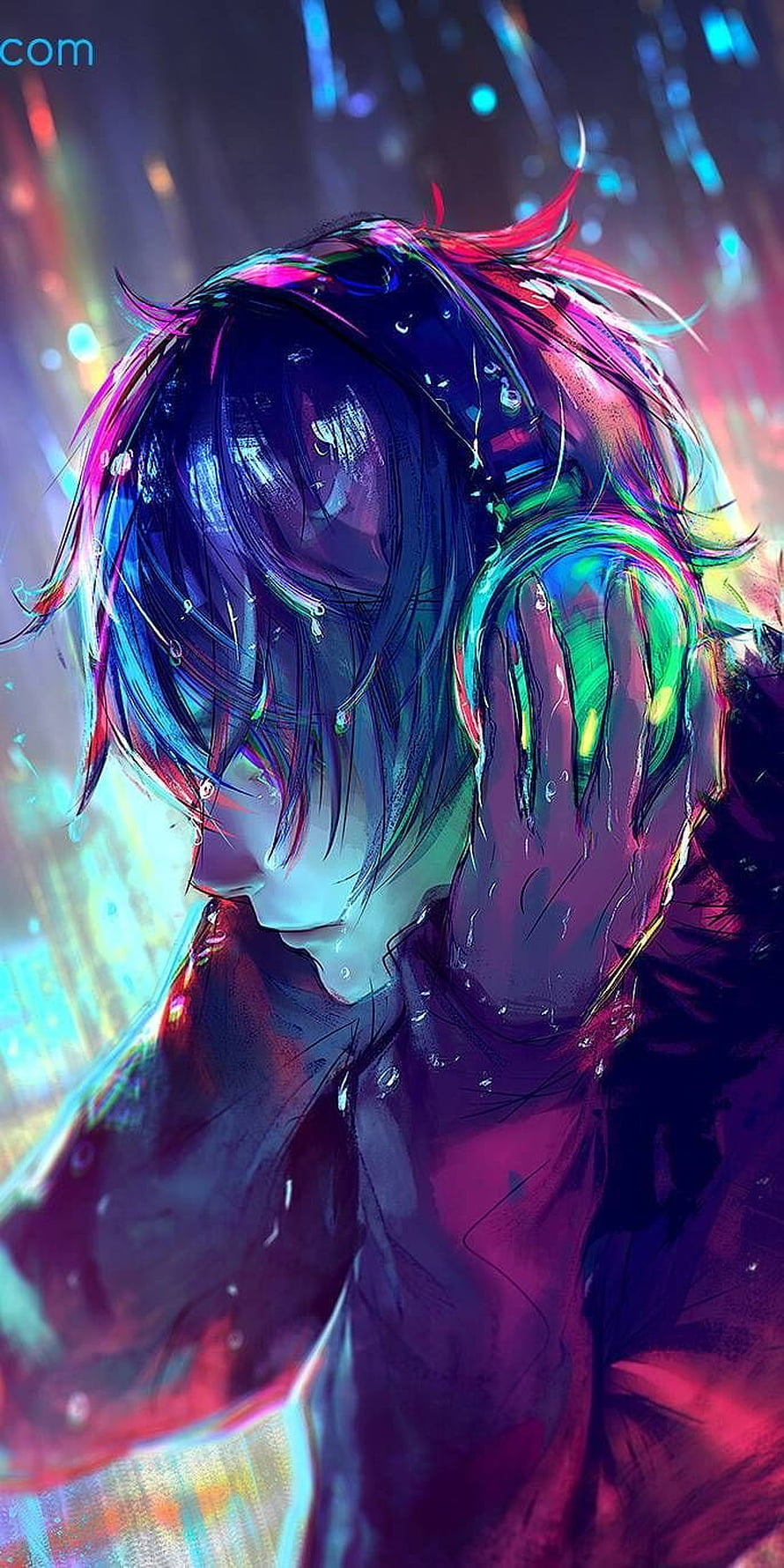 Emotional Anime Character in Neon Rain with Vibrant Iridescent Hair HD phone wallpaper