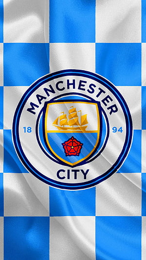 Manchester City FC Crest on Blue and White Checkered Fabric Background, man city fc logo 2022, #Man City HD phone wallpaper