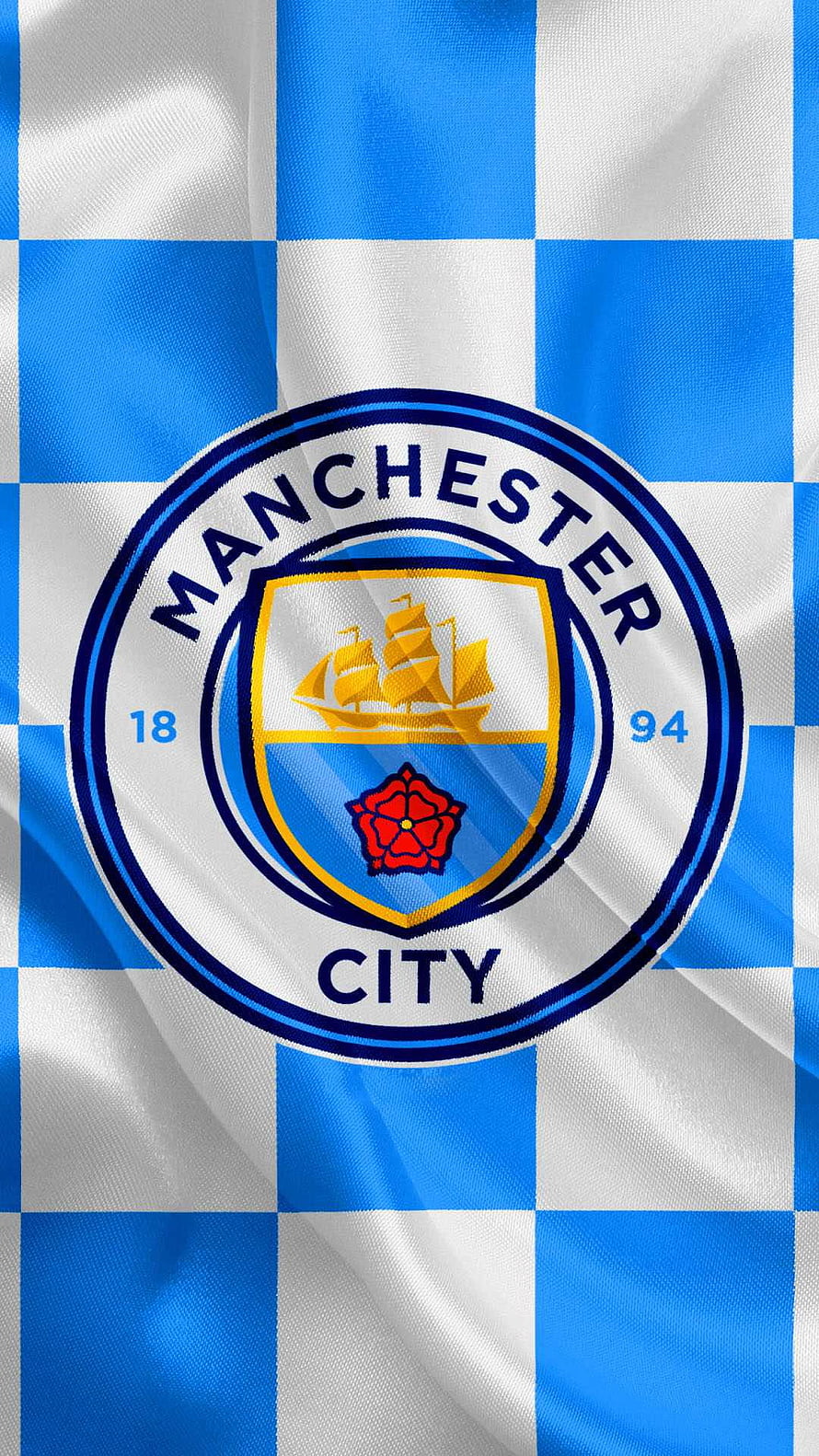 Manchester City FC Crest on Blue and White Checkered Fabric Background, man city fc logo 2022, #Man City HD phone wallpaper