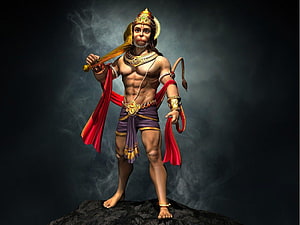3D Digital Art of Hanuman Holding Golden Mace on Rocky Peak, Lord Hanuman 1600 X 1200 beautiful, hanuman HD wallpaper