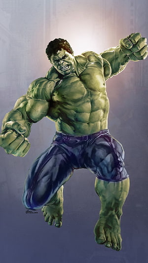 Incredible Hulk Leaping Punch Digital Art with Tattered Purple Shorts HD phone wallpaper