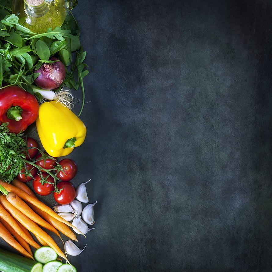 Fresh Assorted Vegetables and Herbs Arranged on Dark Slate Background HD phone wallpaper