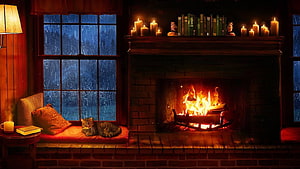 Cozy Cabin Fireplace Scene With Sleeping Cat And Snowy Night Window HD wallpaper