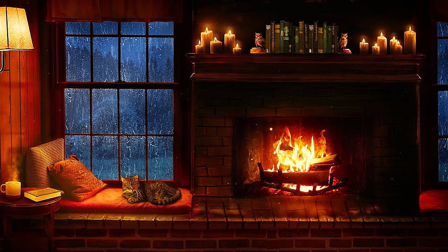 Cozy Cabin Fireplace Scene With Sleeping Cat And Snowy Night Window HD wallpaper
