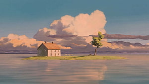 Serene Cottage on a Small Island Surrounded by Calm Water and Dramatic Clouds HD wallpaper