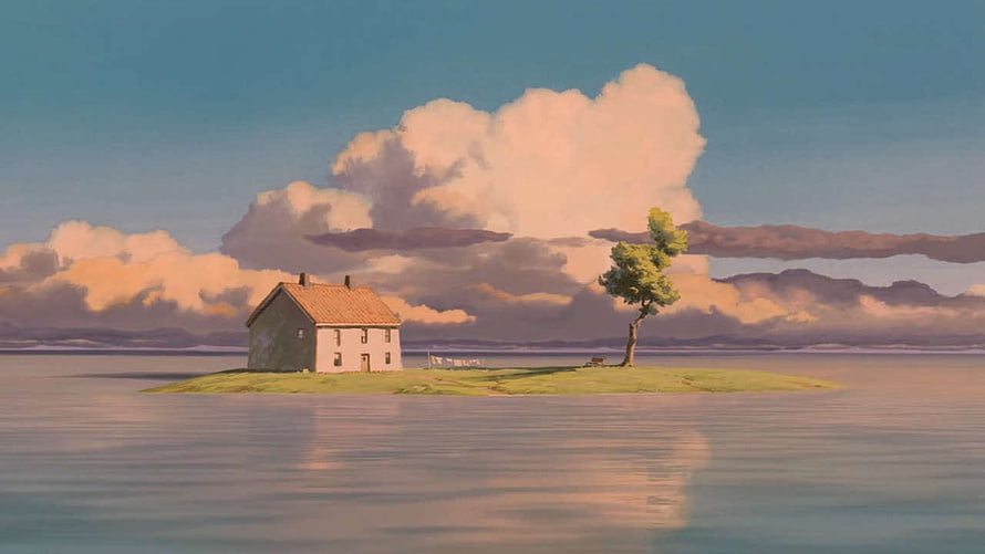 Serene Cottage on a Small Island Surrounded by Calm Water and Dramatic Clouds HD wallpaper