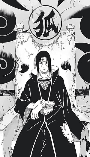 Itachi Uchiha Sitting on Throne with Fox Kanji Symbol Black and White Anime Manga Illustration, Naruto Shippuden Itachi Manga, sad itachi HD phone wallpaper