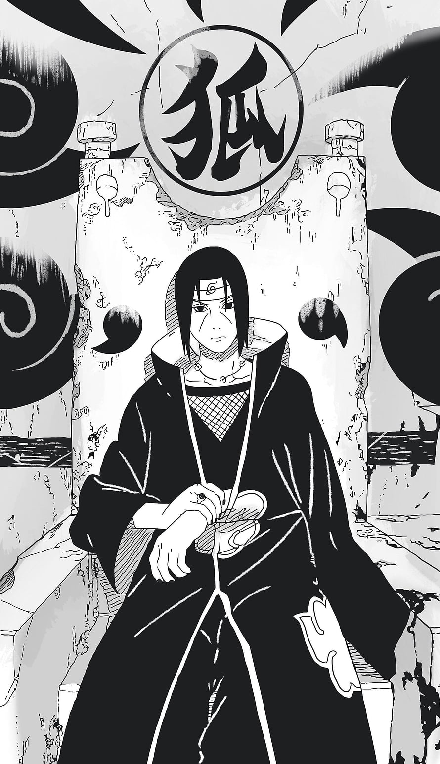 Itachi Uchiha Sitting on Throne with Fox Kanji Symbol Black and White Anime Manga Illustration, Naruto Shippuden Itachi Manga, sad itachi HD phone wallpaper