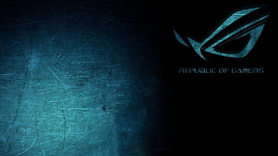 Republic of Gamers ROG Eye Logo on Dark Blue Scratched Metal Texture Background HD wallpaper
