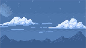 Baby Blue Pixel Art Night Sky with Snowy Mountains and Moon HD wallpaper