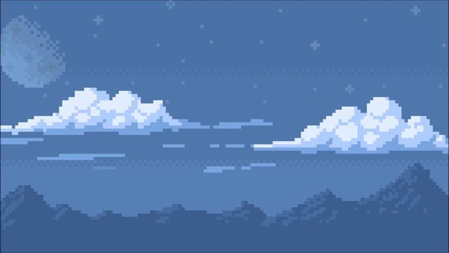 Baby Blue Pixel Art Night Sky with Snowy Mountains and Moon HD wallpaper