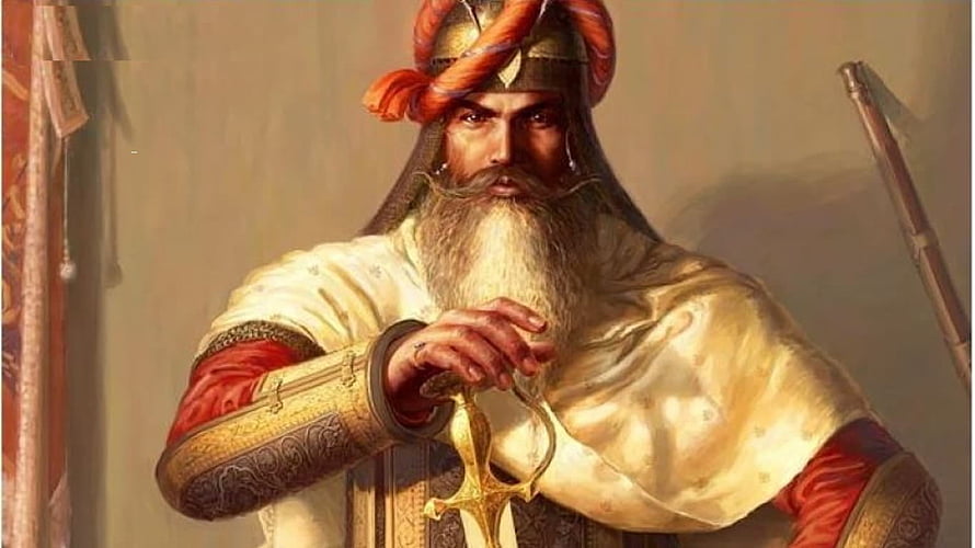 Portrait of a bearded warrior king in ornate armor and turban holding a golden sword HD wallpaper