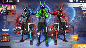 Free Fire Classic Bermuda Lobby with Three Neon Bunny Skins and Panda Pets HD wallpaper